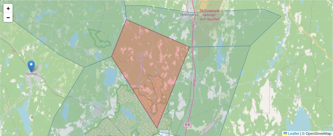 Karta över postnummerområdet  och angränsande postnummer i Sverige