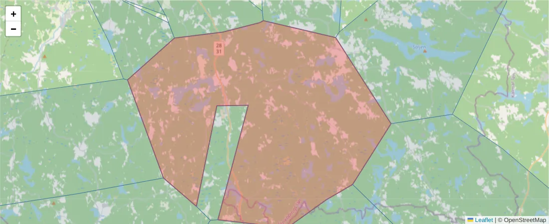 Karta över postnummerområdet  och angränsande postnummer i Sverige