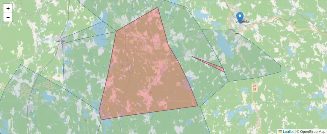Karta över postnummerområdet  och angränsande postnummer i Sverige