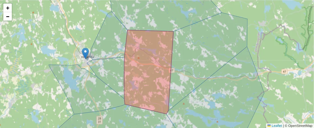 Karta över postnummerområdet  och angränsande postnummer i Sverige