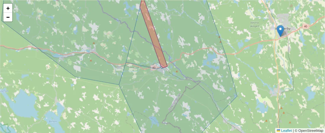 Karta över postnummerområdet  och angränsande postnummer i Sverige