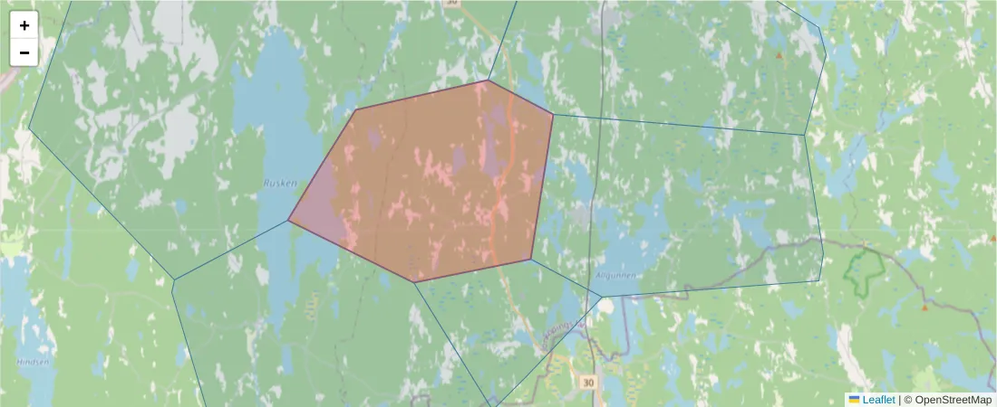 Karta över postnummerområdet  och angränsande postnummer i Sverige