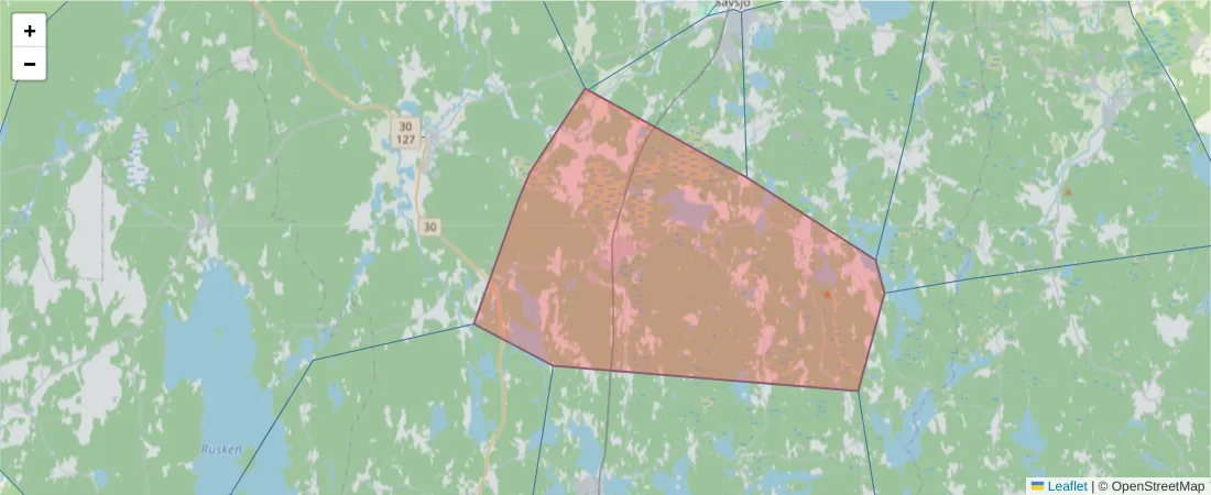 Karta över postnummerområdet  och angränsande postnummer i Sverige