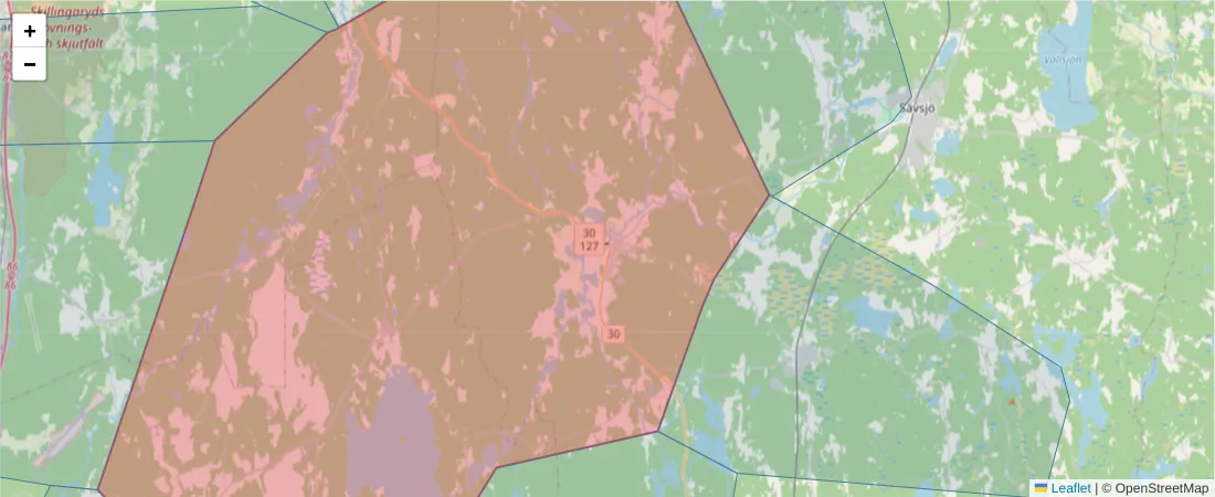 Karta över postnummerområdet  och angränsande postnummer i Sverige
