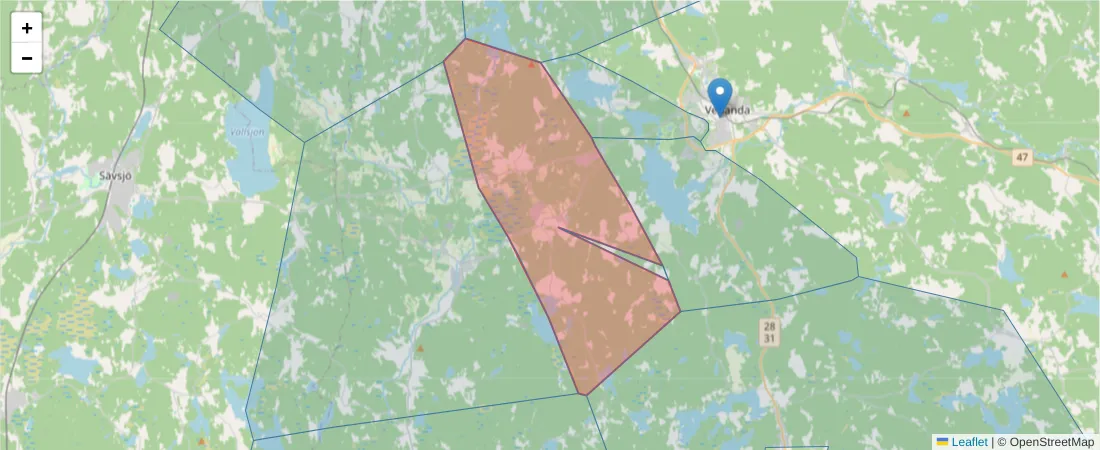 Karta över postnummerområdet  och angränsande postnummer i Sverige