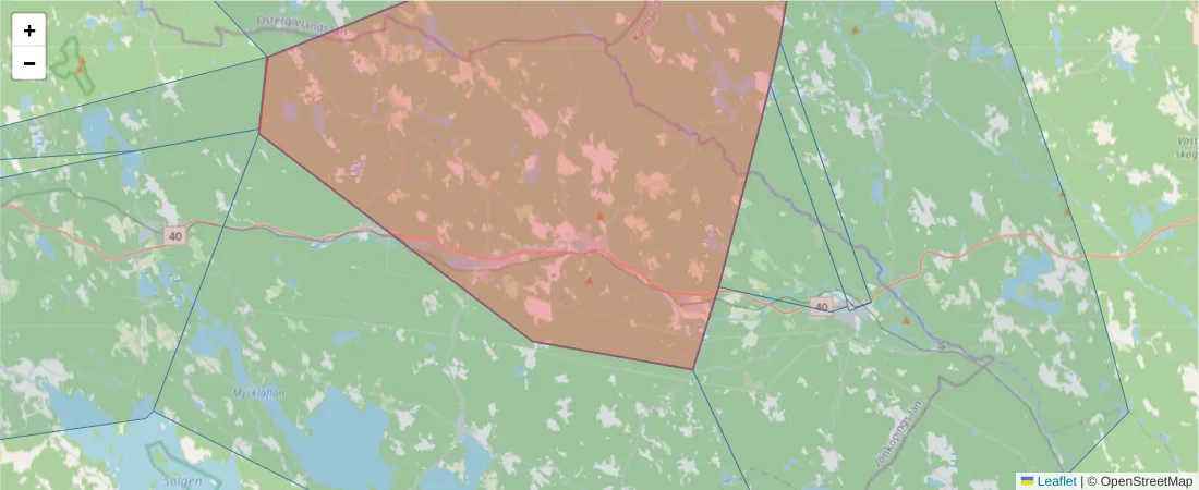 Karta över postnummerområdet  och angränsande postnummer i Sverige