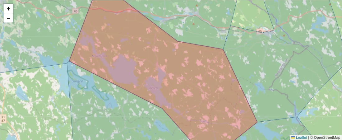 Karta över postnummerområdet  och angränsande postnummer i Sverige