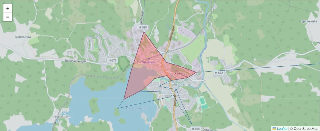 Karta över postnummerområdet  och angränsande postnummer i Sverige