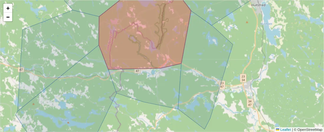Karta över postnummerområdet  och angränsande postnummer i Sverige