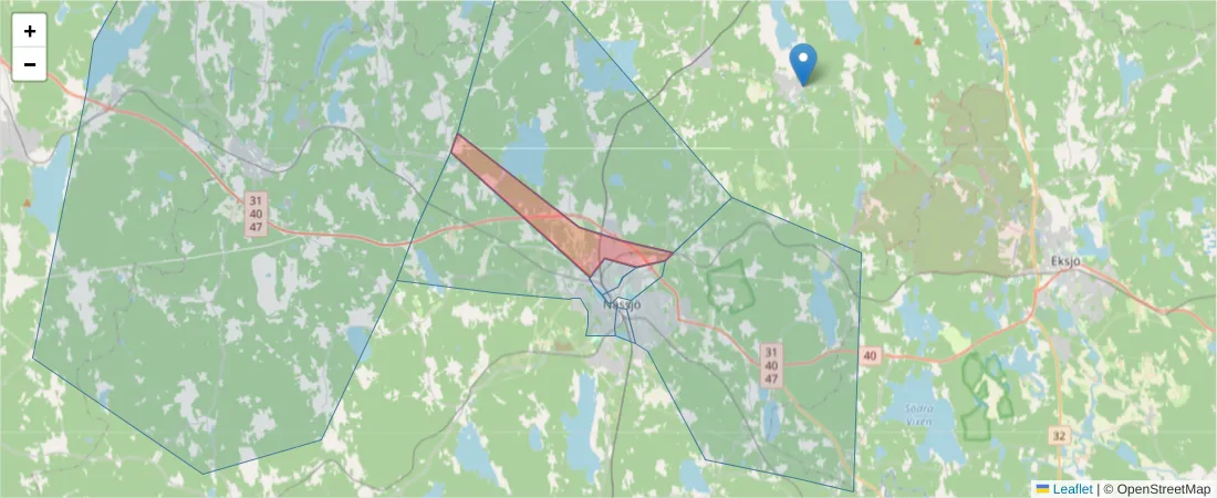 Karta över postnummerområdet  och angränsande postnummer i Sverige