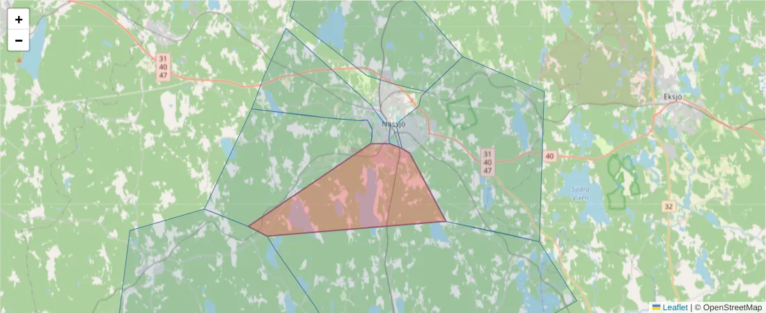 Karta över postnummerområdet  och angränsande postnummer i Sverige