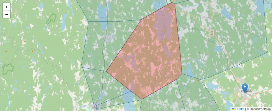 Karta över postnummerområdet  och angränsande postnummer i Sverige