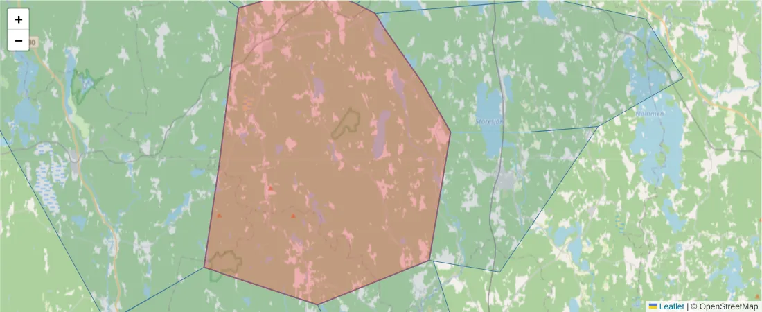 Karta över postnummerområdet  och angränsande postnummer i Sverige