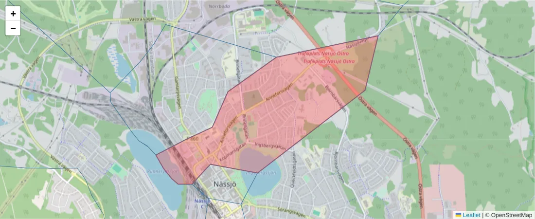 Karta över postnummerområdet  och angränsande postnummer i Sverige