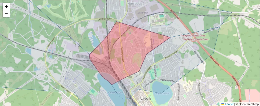 Karta över postnummerområdet  och angränsande postnummer i Sverige
