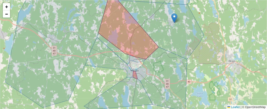 Karta över postnummerområdet  och angränsande postnummer i Sverige