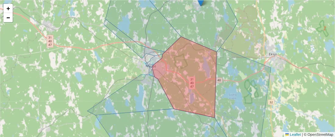 Karta över postnummerområdet  och angränsande postnummer i Sverige