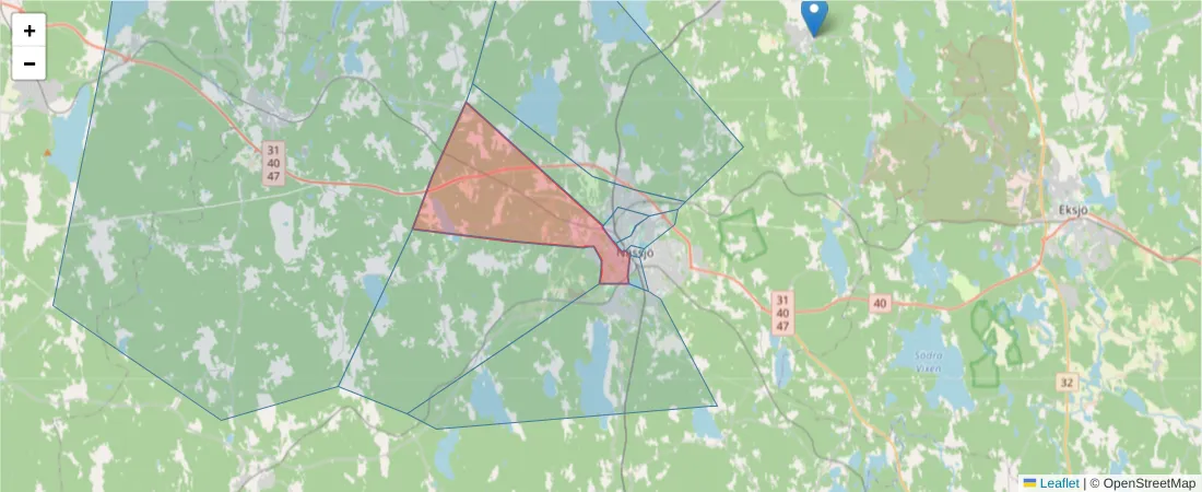 Karta över postnummerområdet  och angränsande postnummer i Sverige