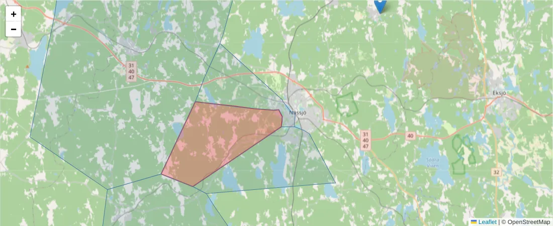 Karta över postnummerområdet  och angränsande postnummer i Sverige
