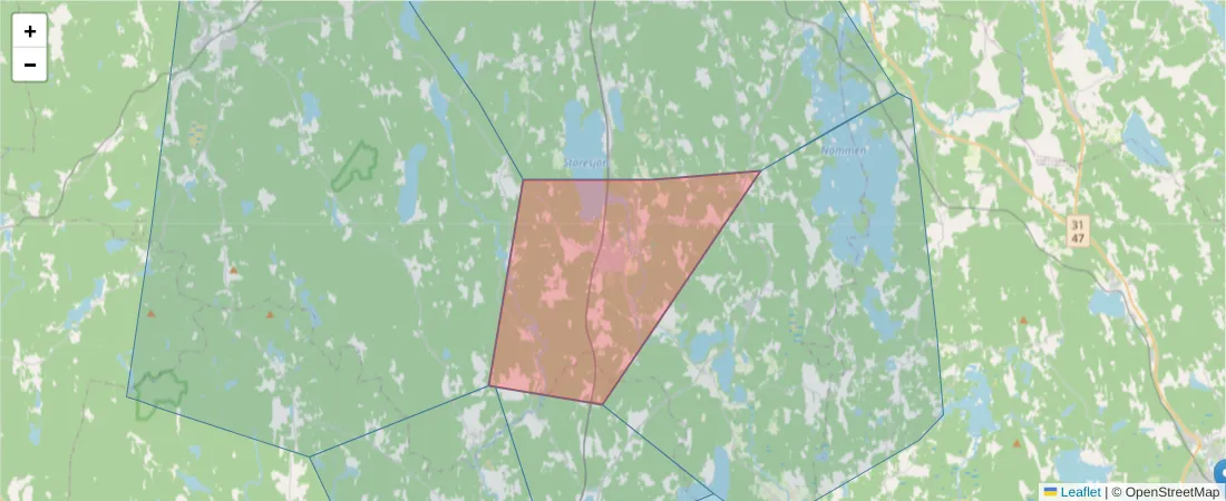 Karta över postnummerområdet  och angränsande postnummer i Sverige