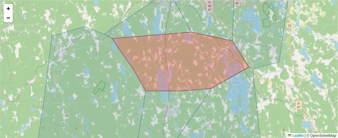 Karta över postnummerområdet  och angränsande postnummer i Sverige