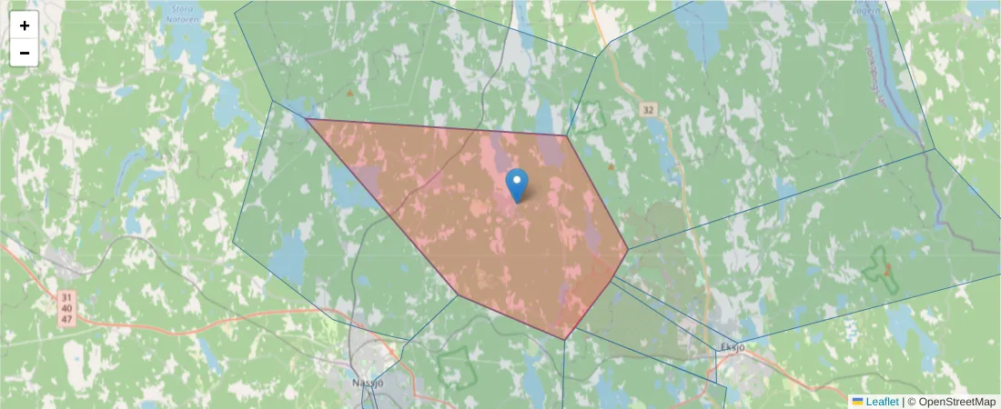 Karta över postnummerområdet  och angränsande postnummer i Sverige
