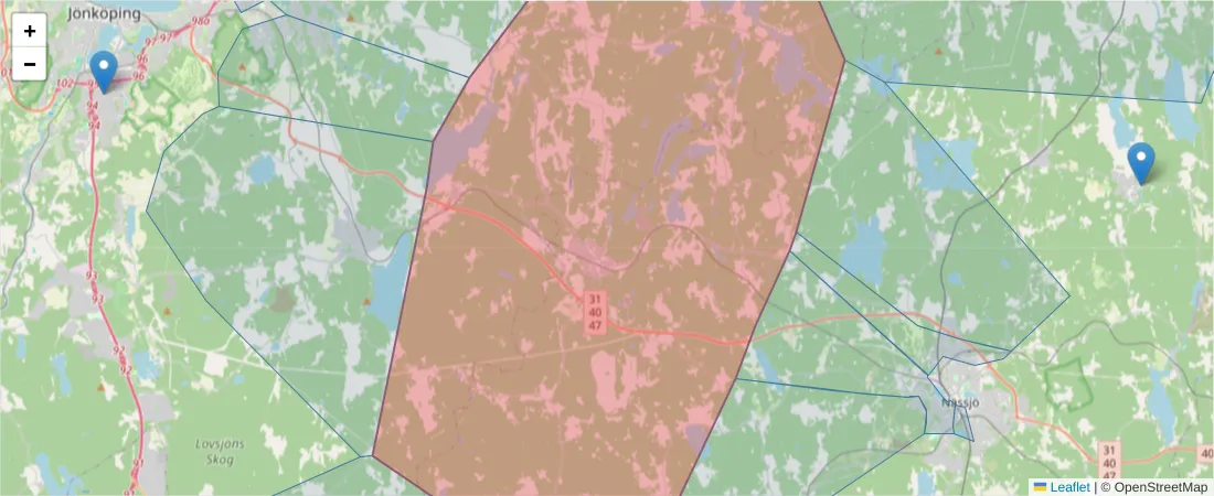 Karta över postnummerområdet  och angränsande postnummer i Sverige