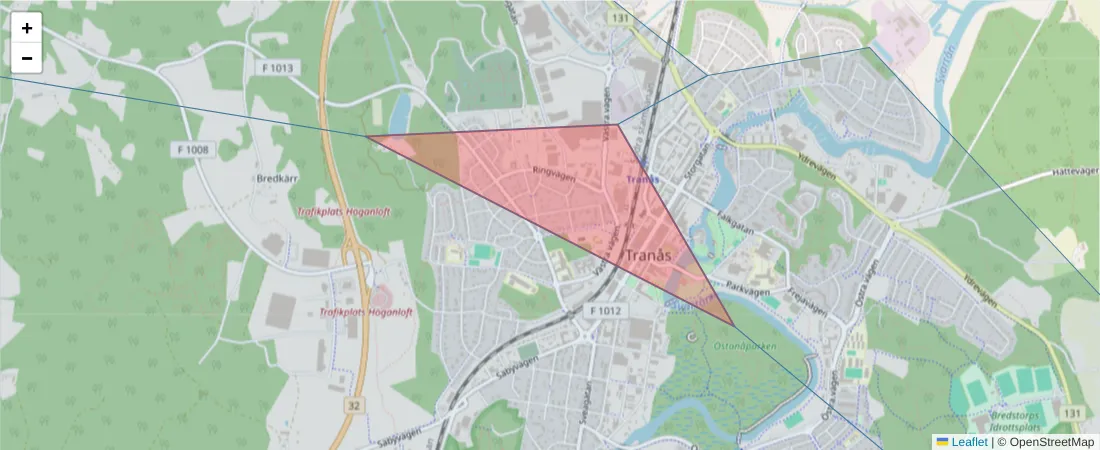Karta över postnummerområdet  och angränsande postnummer i Sverige