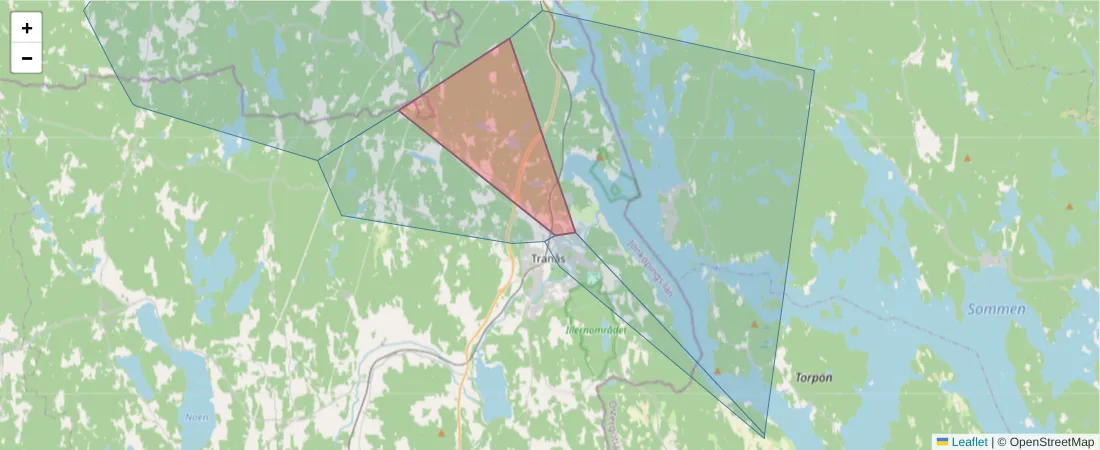 Karta över postnummerområdet  och angränsande postnummer i Sverige