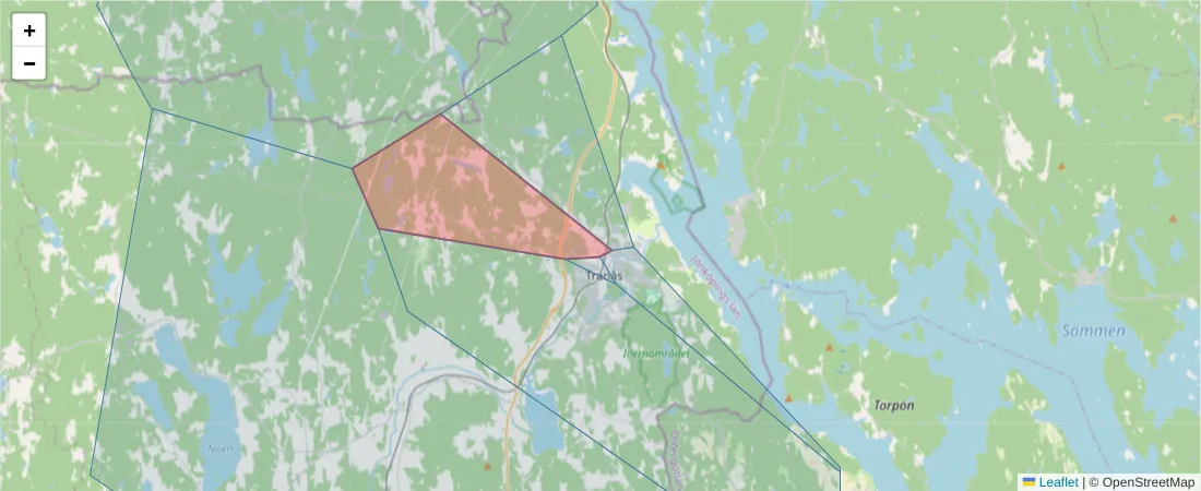 Karta över postnummerområdet  och angränsande postnummer i Sverige