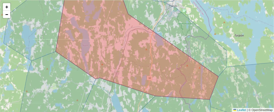 Karta över postnummerområdet  och angränsande postnummer i Sverige