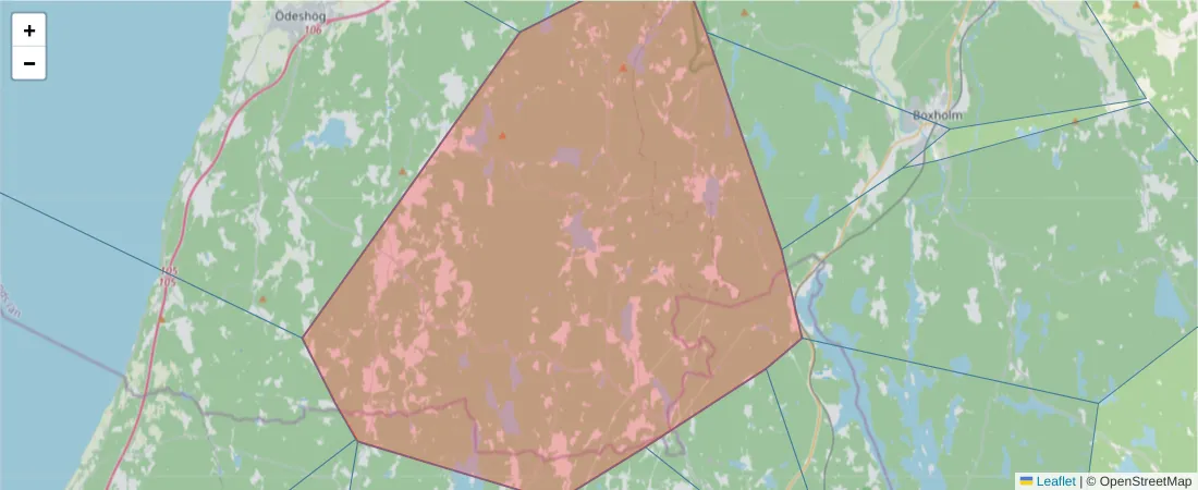 Karta över postnummerområdet  och angränsande postnummer i Sverige