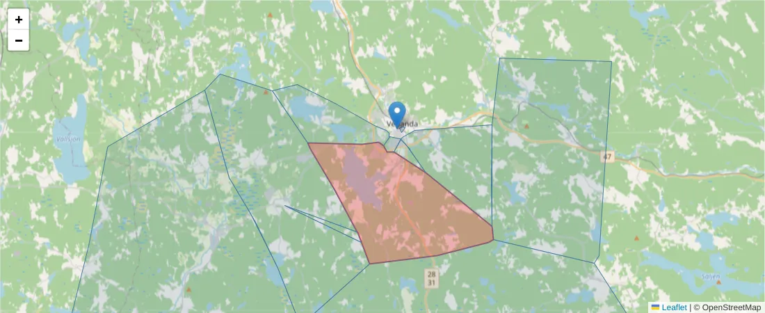 Karta över postnummerområdet  och angränsande postnummer i Sverige