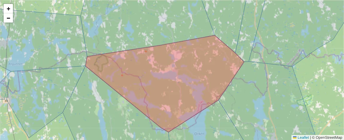 Karta över postnummerområdet  och angränsande postnummer i Sverige