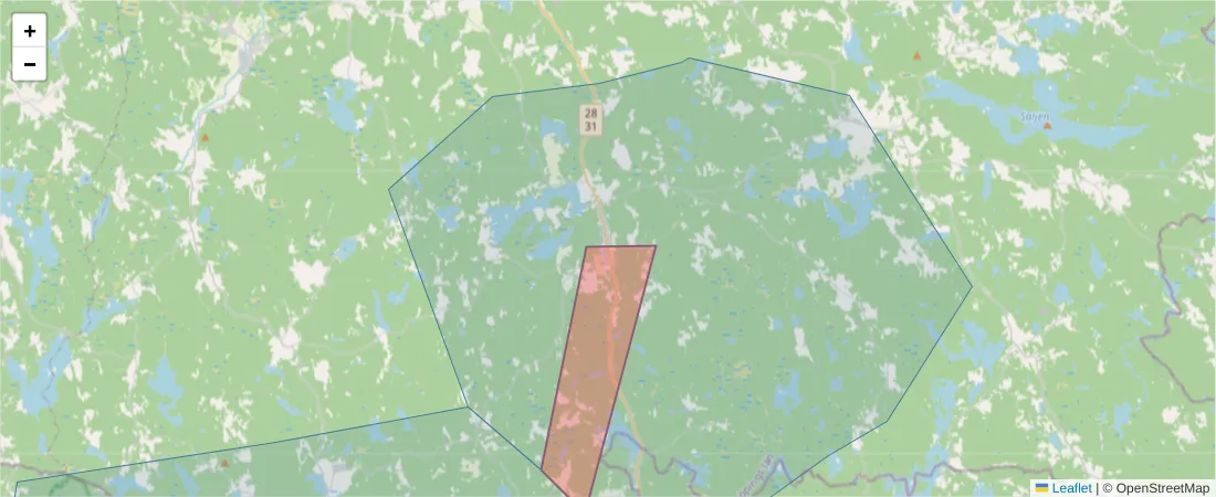Karta över postnummerområdet  och angränsande postnummer i Sverige