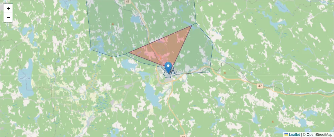 Karta över postnummerområdet  och angränsande postnummer i Sverige