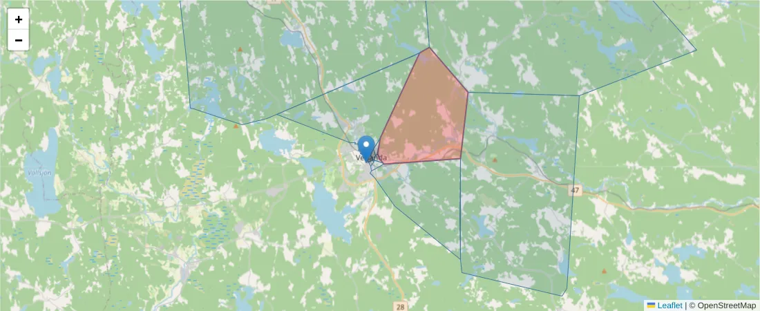Karta över postnummerområdet  och angränsande postnummer i Sverige