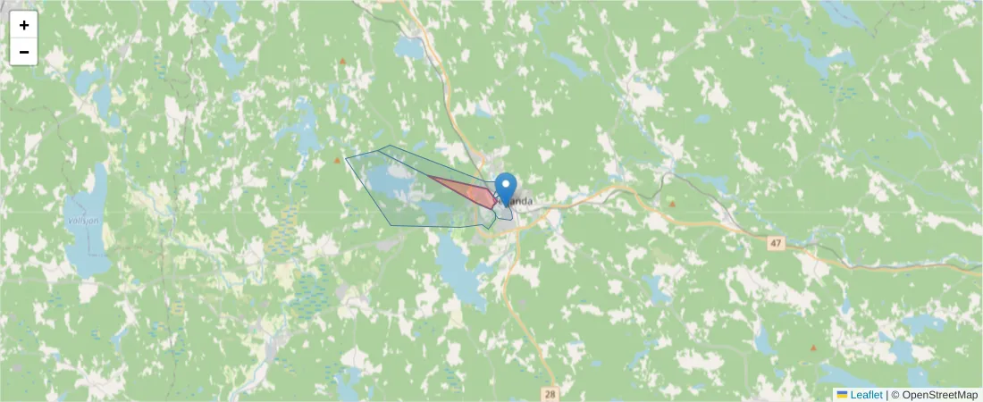 Karta över postnummerområdet  och angränsande postnummer i Sverige