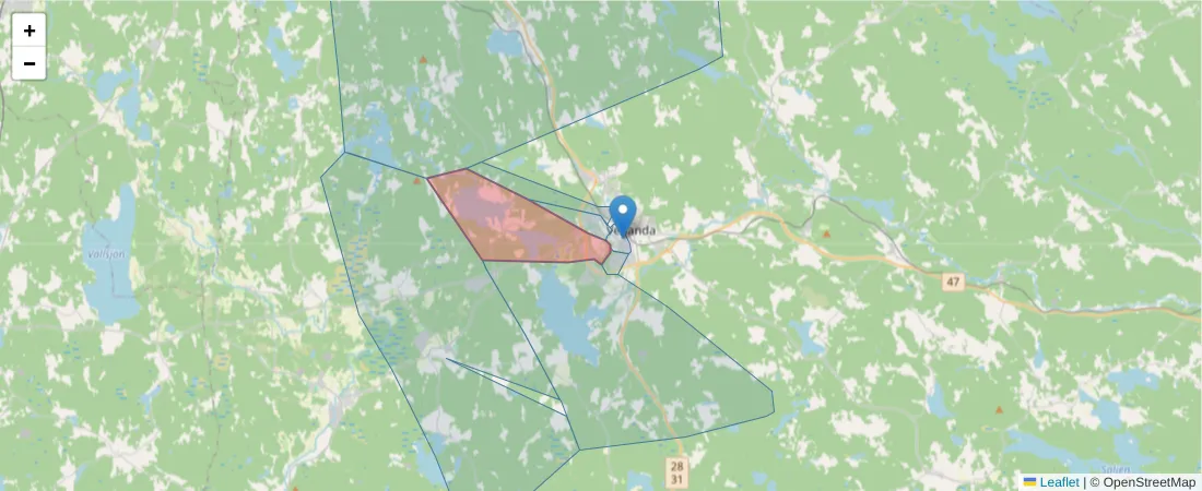 Karta över postnummerområdet  och angränsande postnummer i Sverige