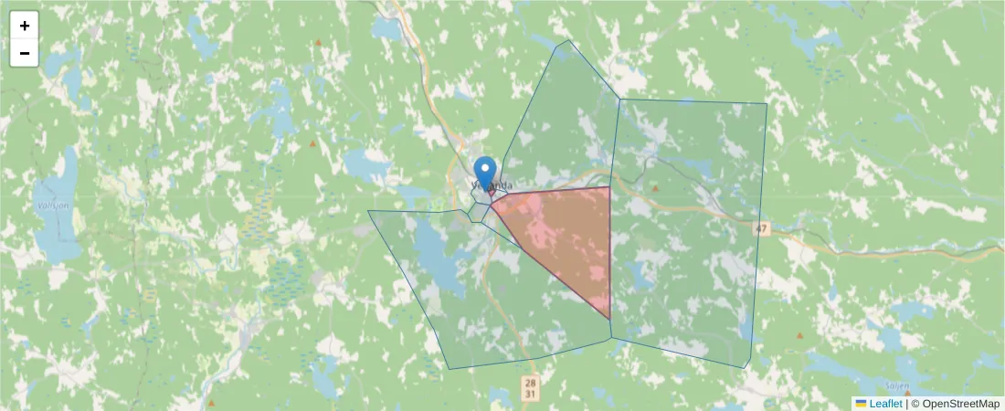 Karta över postnummerområdet  och angränsande postnummer i Sverige