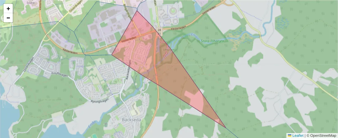 Karta över postnummerområdet  och angränsande postnummer i Sverige