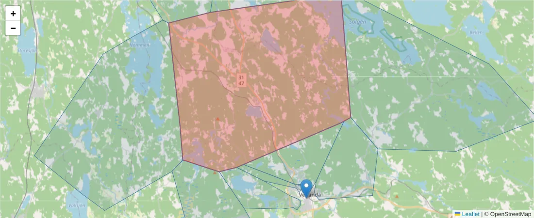 Karta över postnummerområdet  och angränsande postnummer i Sverige