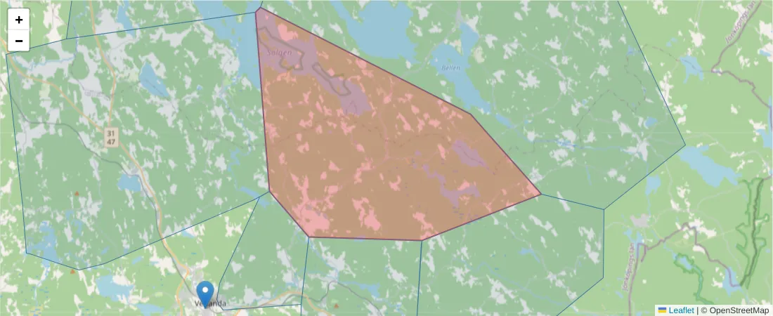 Karta över postnummerområdet  och angränsande postnummer i Sverige