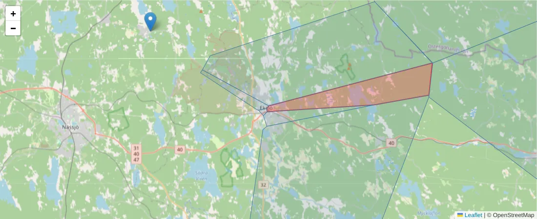 Karta över postnummerområdet  och angränsande postnummer i Sverige