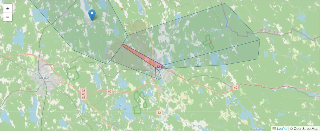 Karta över postnummerområdet  och angränsande postnummer i Sverige