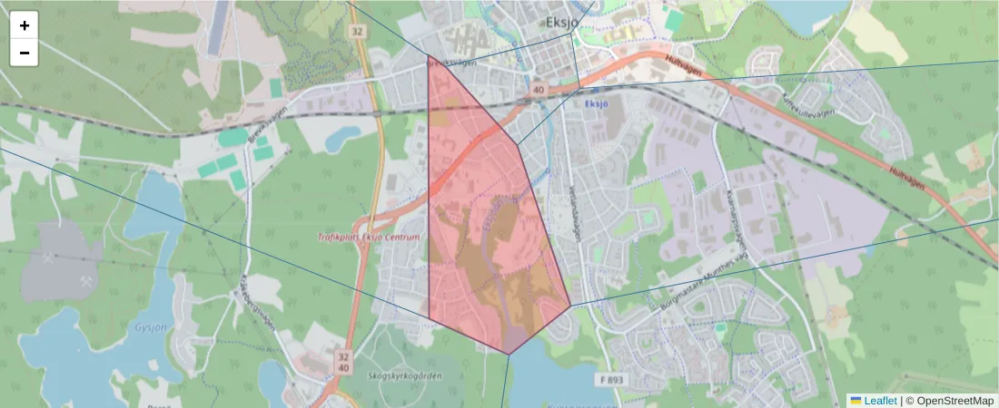 Karta över postnummerområdet  och angränsande postnummer i Sverige