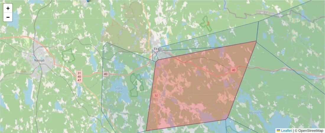 Karta över postnummerområdet  och angränsande postnummer i Sverige