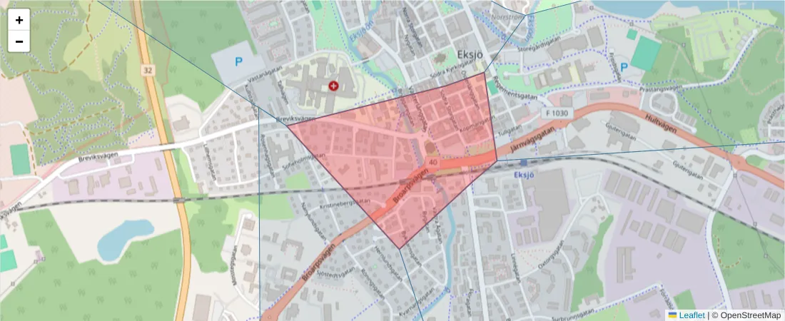 Karta över postnummerområdet  och angränsande postnummer i Sverige