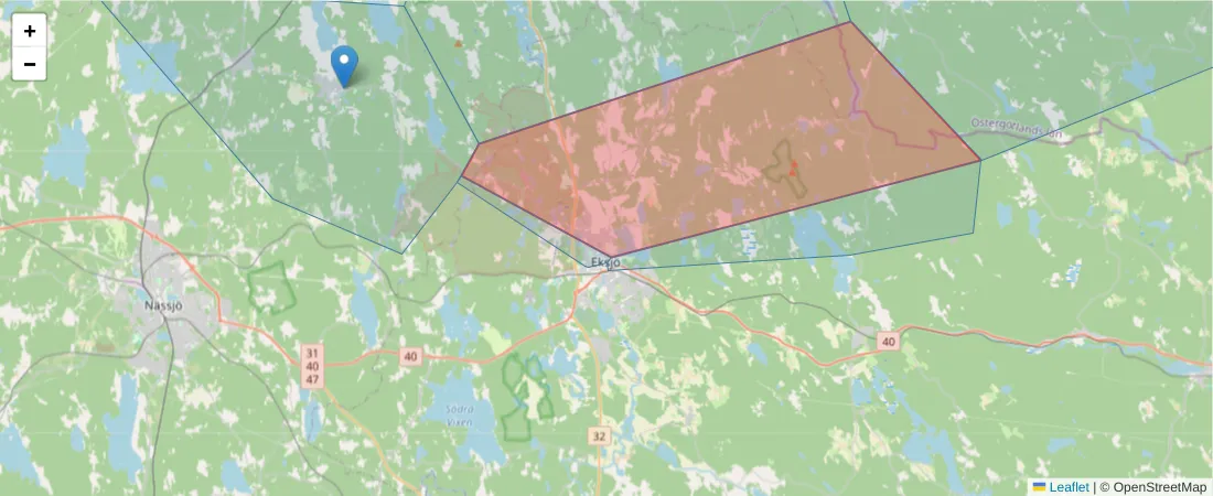 Karta över postnummerområdet  och angränsande postnummer i Sverige