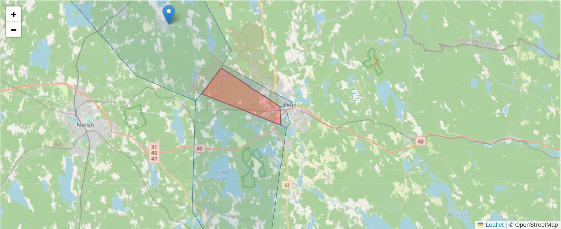 Karta över postnummerområdet  och angränsande postnummer i Sverige